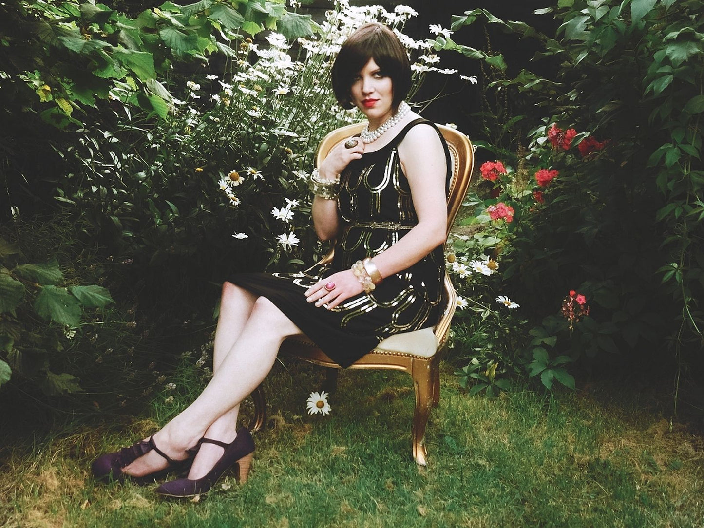 Vintage Black Party Dress Sequin Art Deco Flapper 20s Style - Size 14