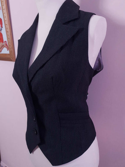 Cool 90s Vintage Black Striped Waistcoat Vest - Size 12