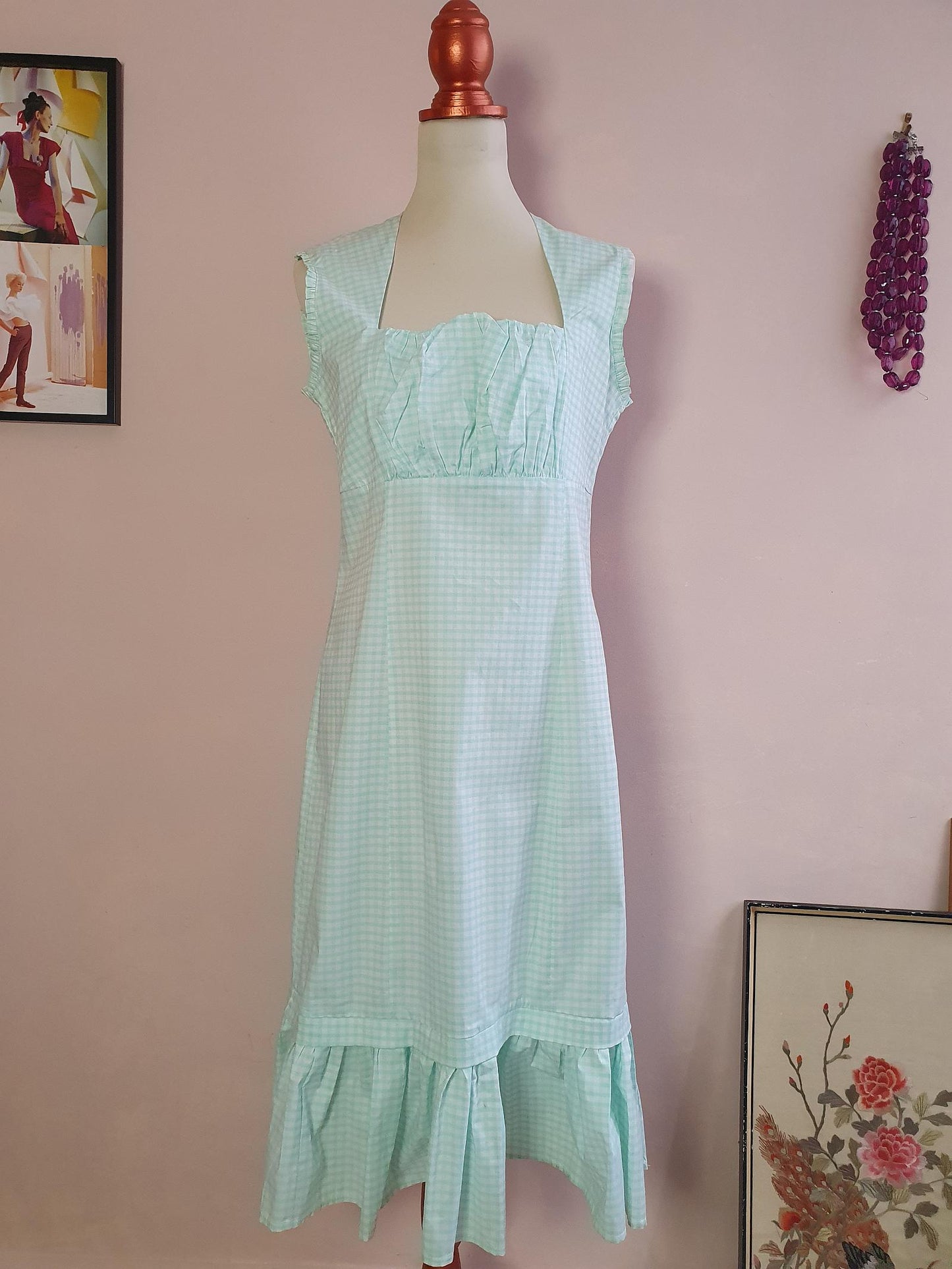 1980s Vintage Pale Aqua Check Sweetheart Dress - Size 14