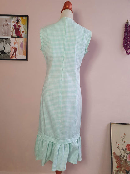 1980s Vintage Pale Aqua Check Sweetheart Dress - Size 14