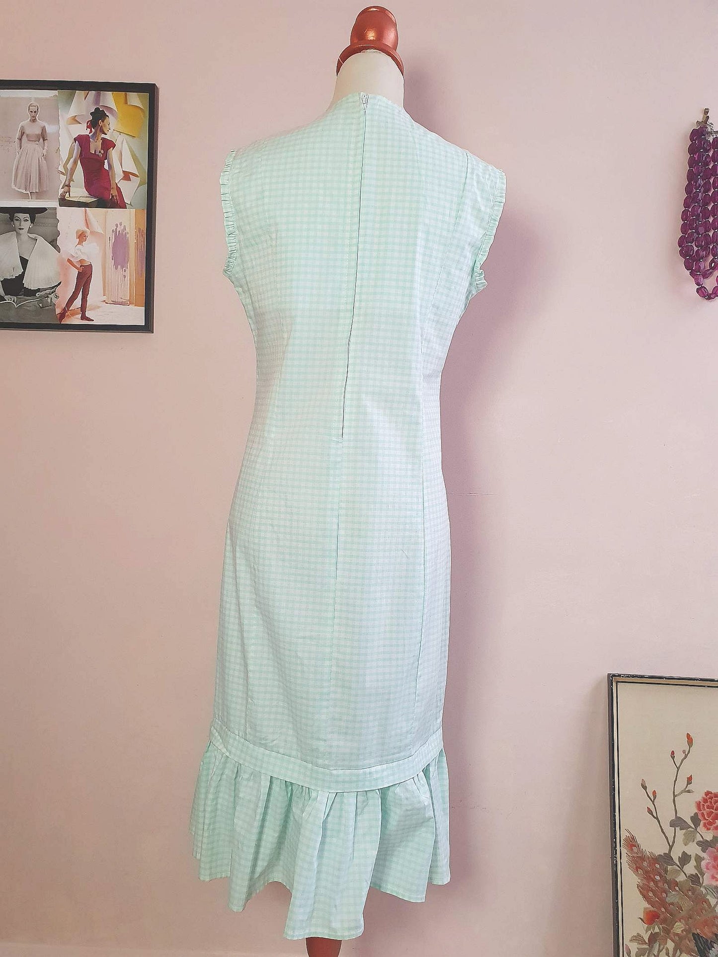 90s Vintage Check Turquoise Day Tea Dress Gingham Midi Aqua Blue - Size 14