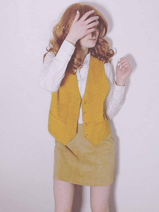 Vintage 1980s Suede Leather Waistcoat Vest Golden Tan - Size 14