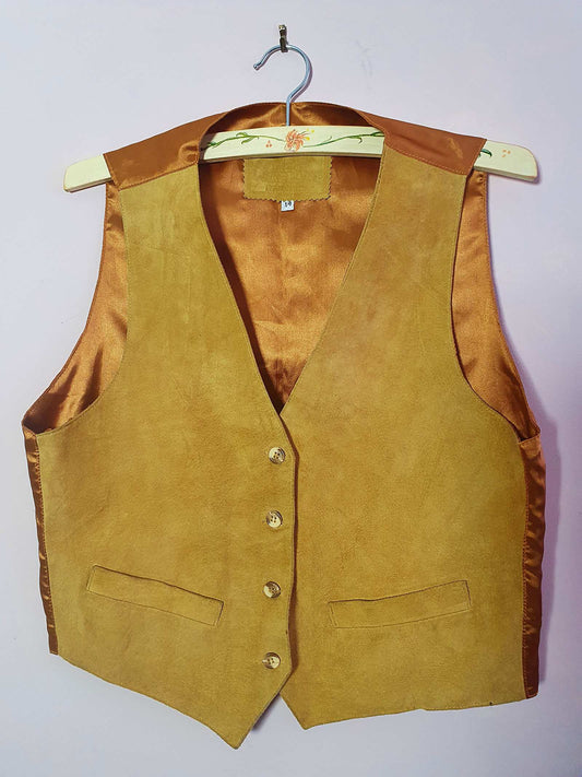 Vintage 1980s Suede Leather Waistcoat Vest Golden Tan - Size 14