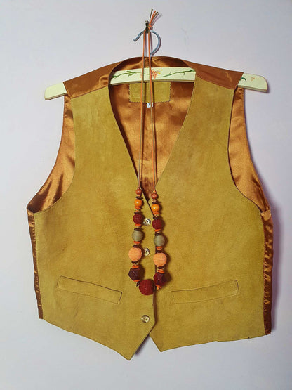 Oversized Vintage 1980s Golden Tan Suede Leather & Satin Waistcoat Vest - Size 14