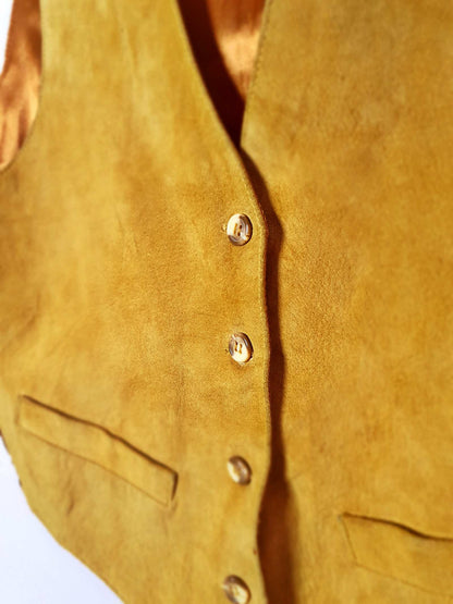 Oversized Vintage 1980s Golden Tan Suede Leather & Satin Waistcoat Vest - Size 14