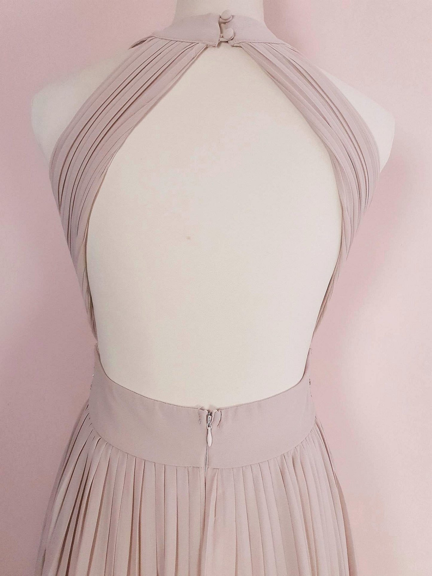 1990s Vintage Pale Taupe Diamante Beaded Chiffon Evening Gown Dress - Size 10