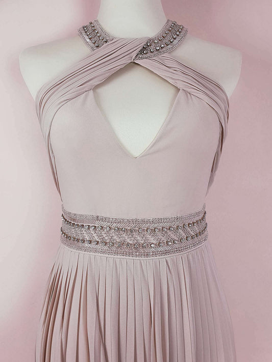 Vintage Beige Chiffon Evening Gown Dress Rhinestone Cocktail Party - Size 10