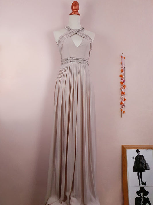 1990s Vintage Pale Taupe Diamante Beaded Chiffon Evening Gown Dress - Size 10