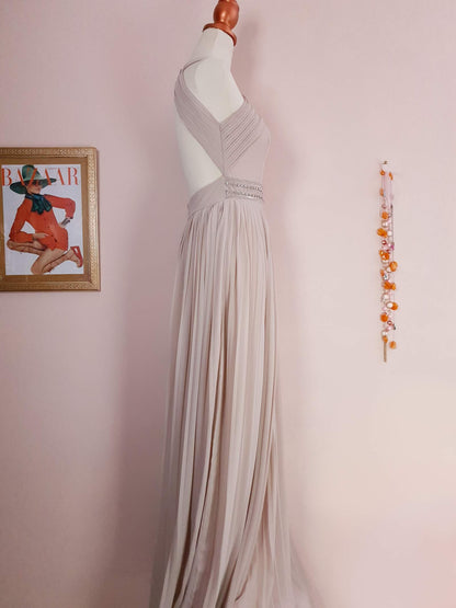 1990s Vintage Pale Taupe Diamante Beaded Chiffon Evening Gown Dress - Size 10