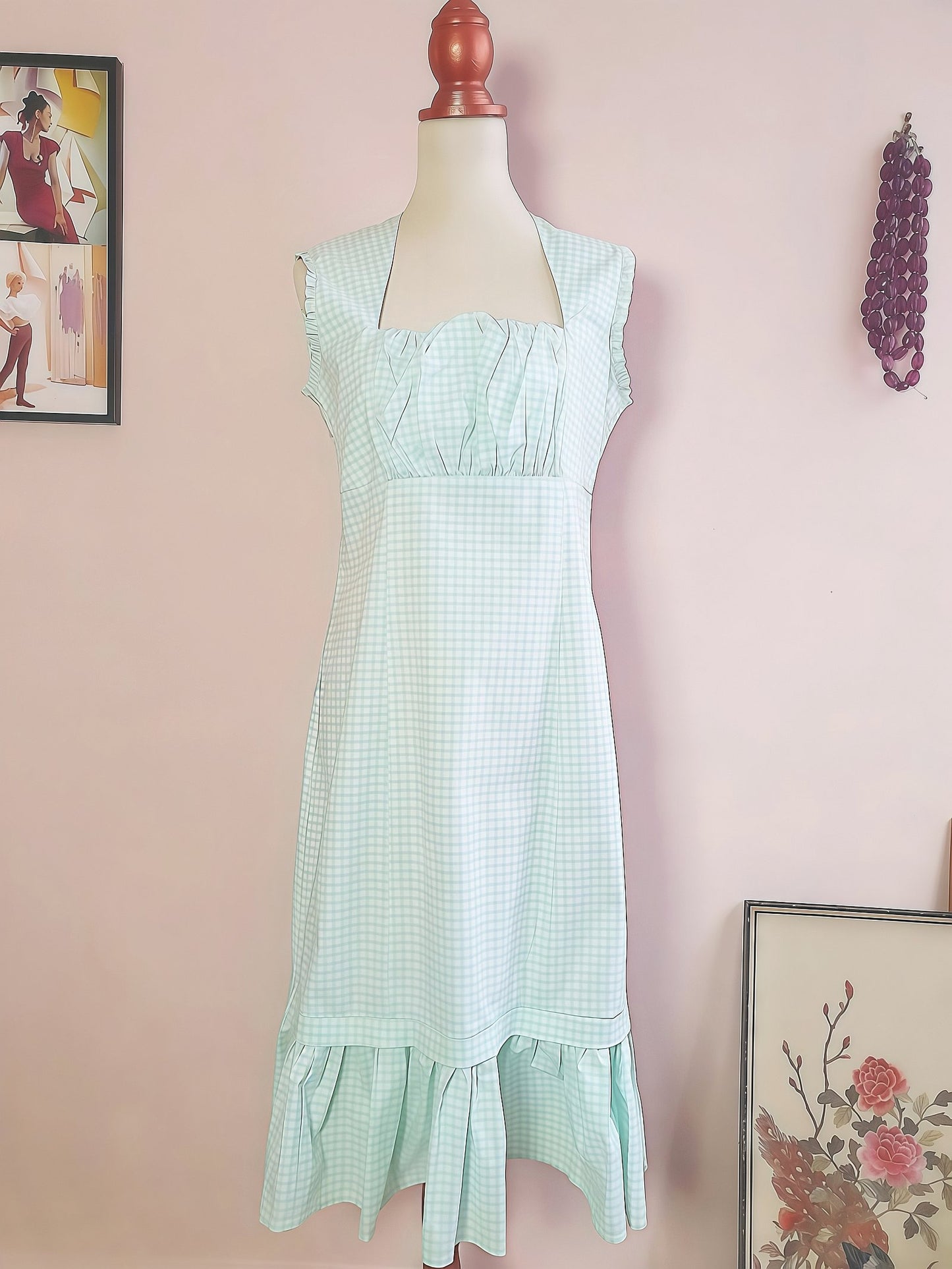 90s Vintage Check Turquoise Day Tea Dress Gingham Midi Aqua Blue - Size 14