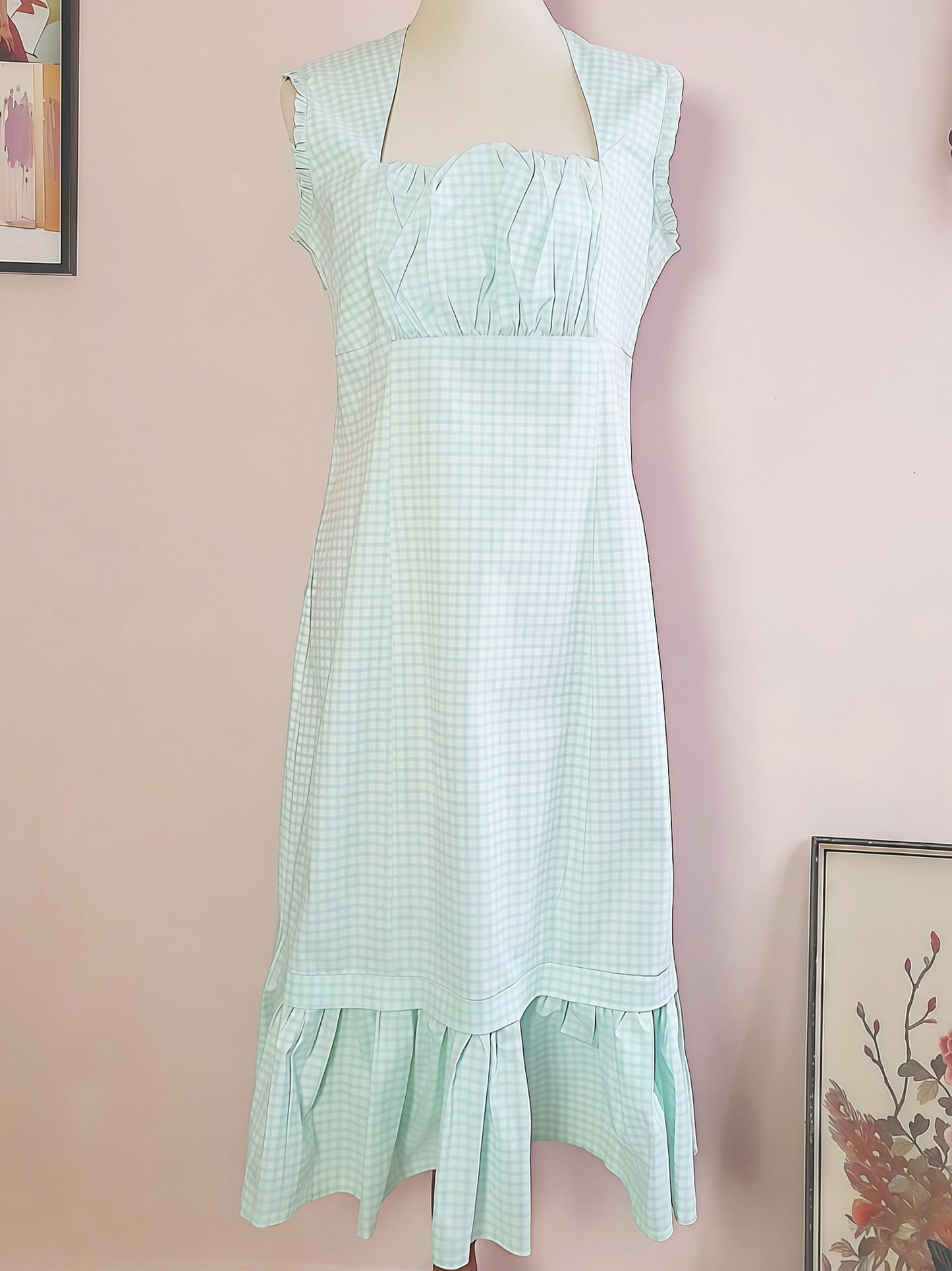 90s Vintage Check Turquoise Day Tea Dress Gingham Midi Aqua Blue - Size 14