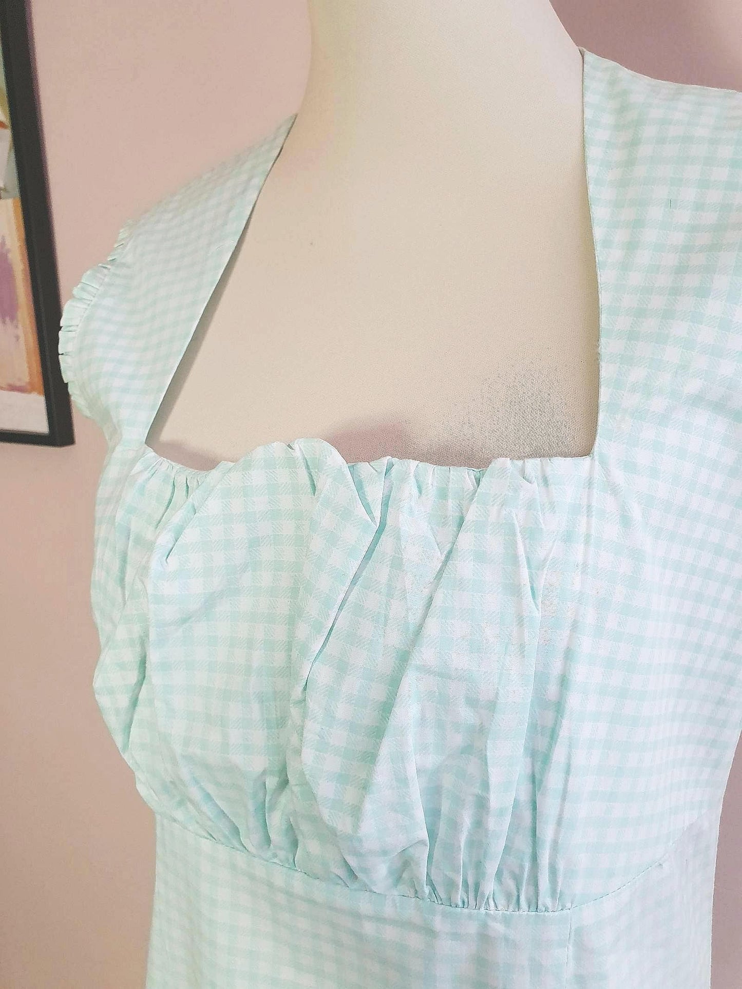 90s Vintage Check Turquoise Day Tea Dress Gingham Midi Aqua Blue - Size 14