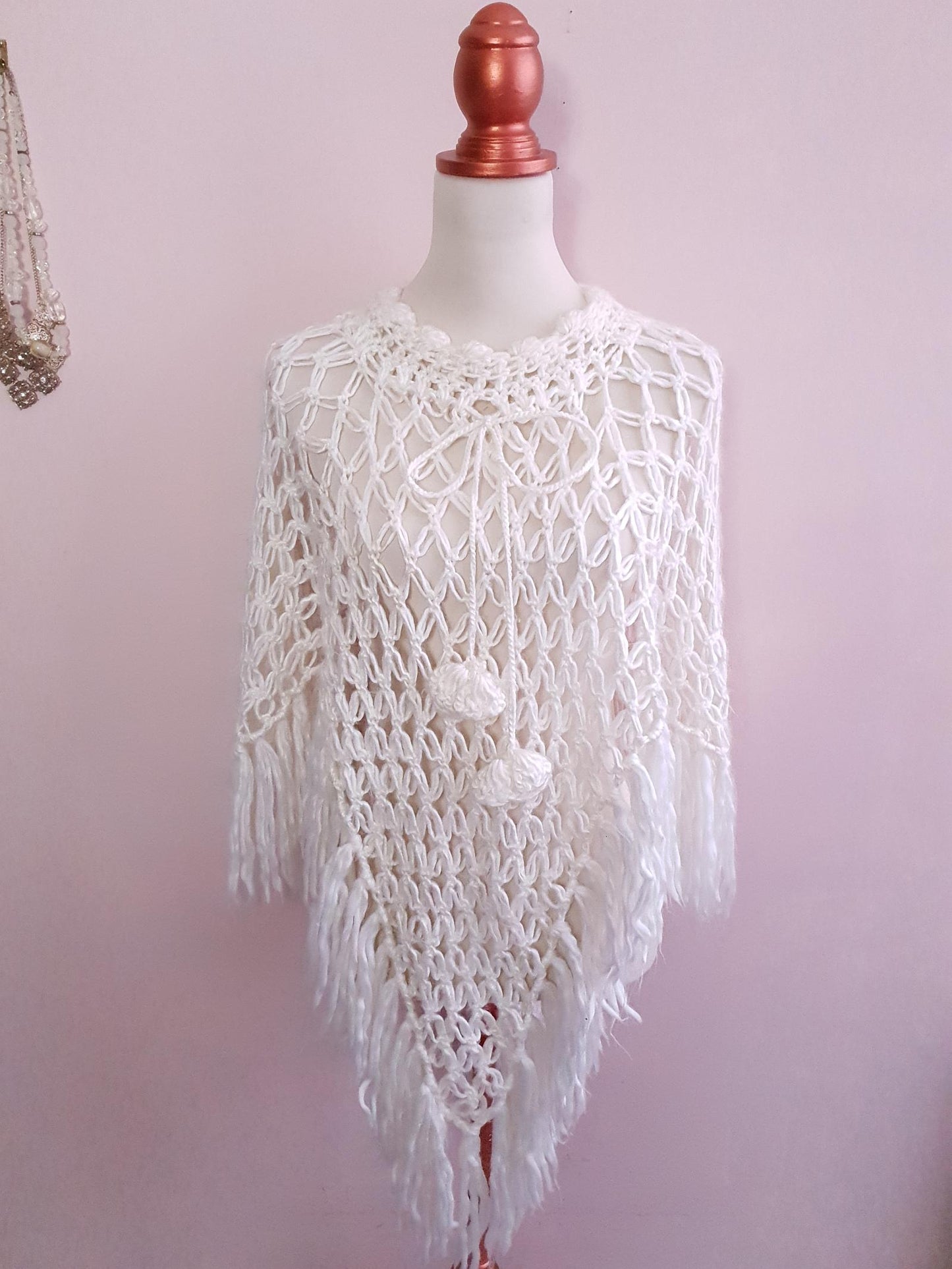 Pre Loved Cream Crochet Boho Knit Poncho