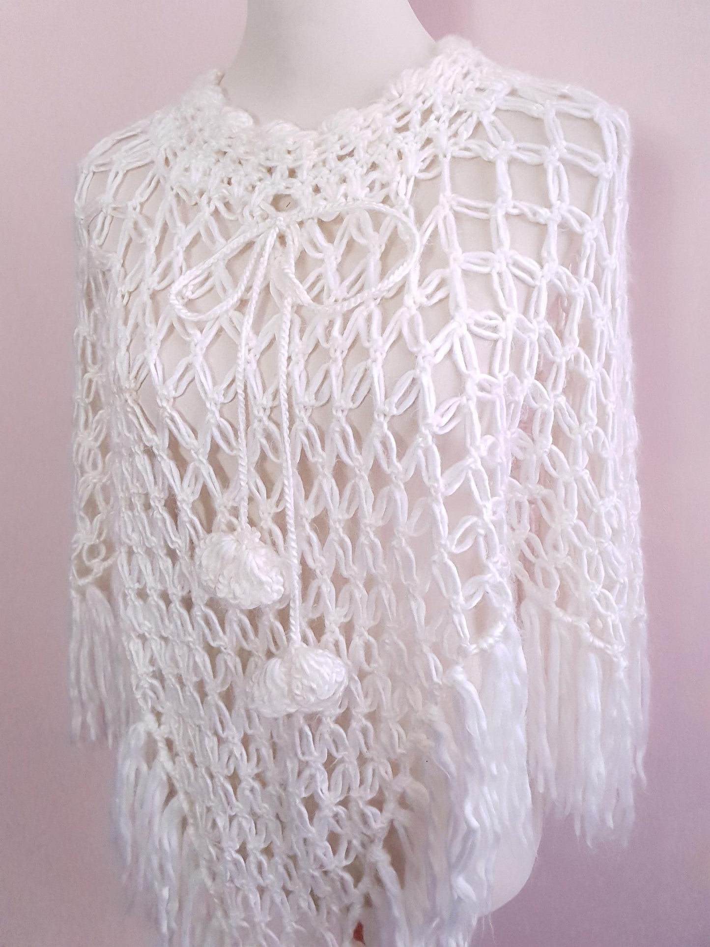 Pre Loved Cream Crochet Boho Knit Poncho