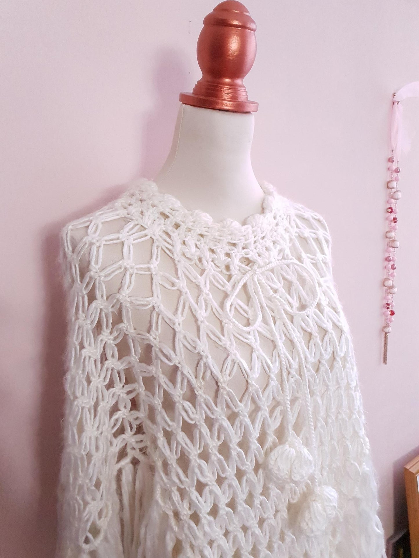 Pre Loved Cream Crochet Boho Knit Poncho