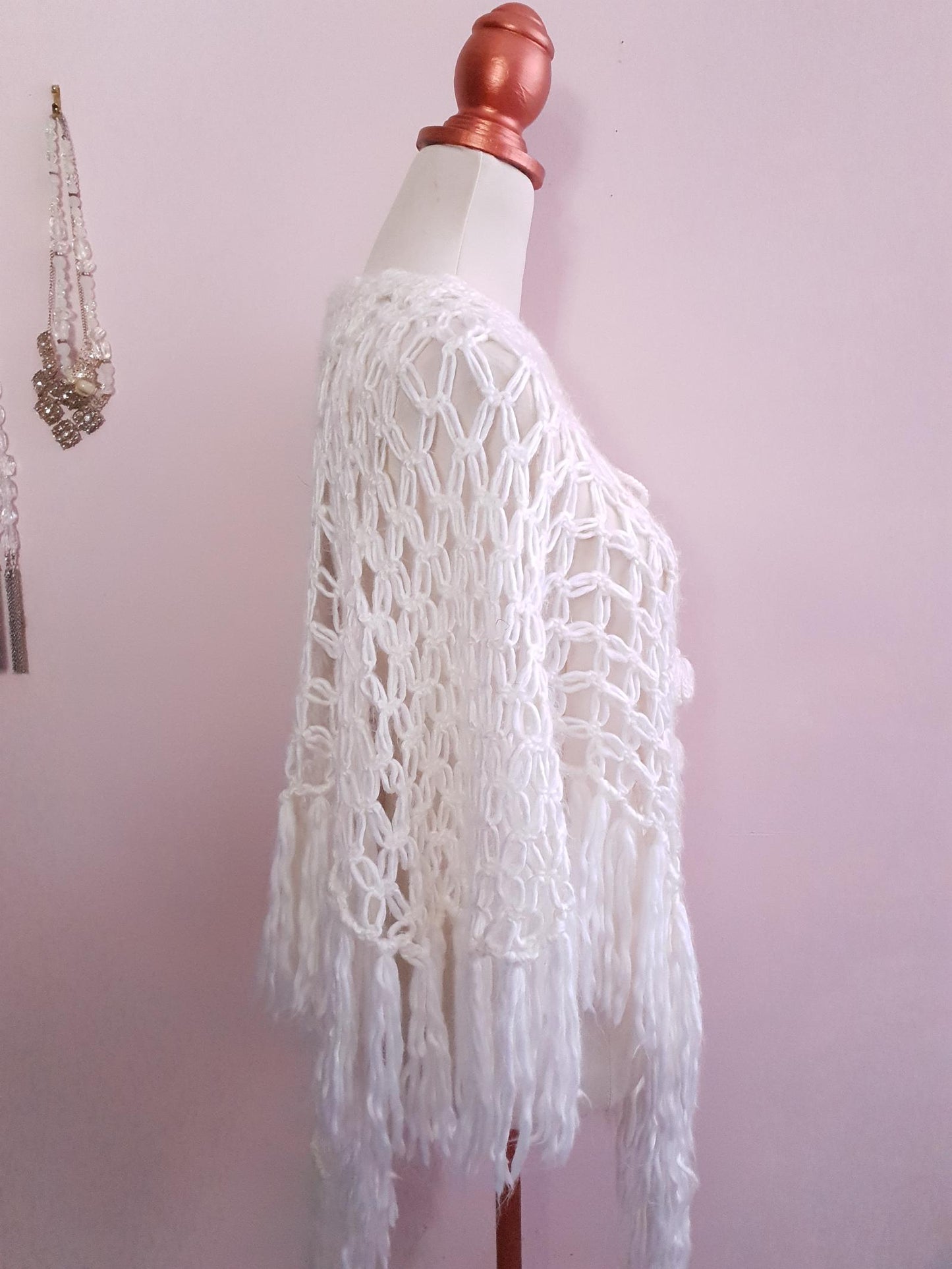 Pre Loved Cream Crochet Boho Knit Poncho