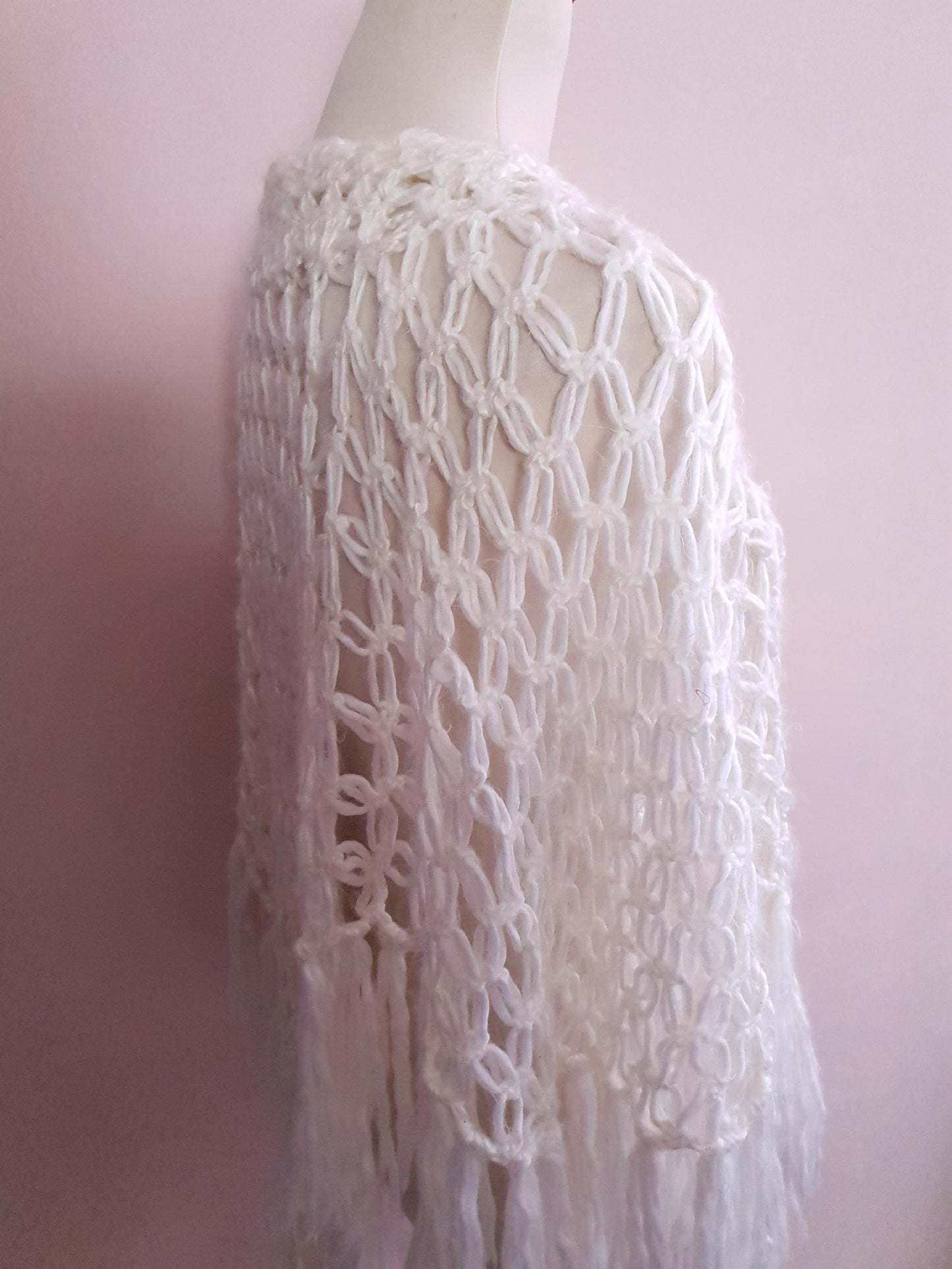 Pre Loved Cream Crochet Boho Knit Poncho