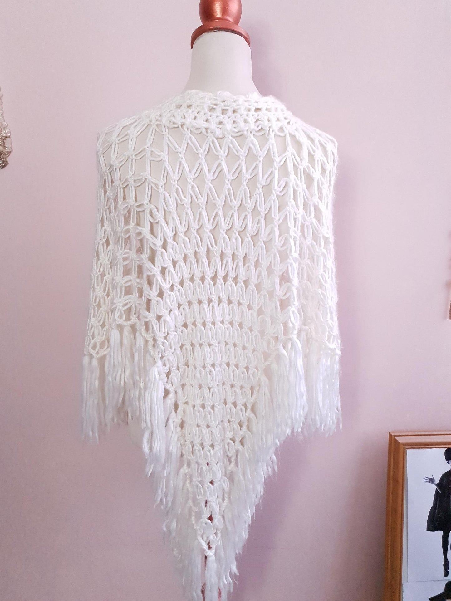 Pre Loved Cream Crochet Boho Knit Poncho