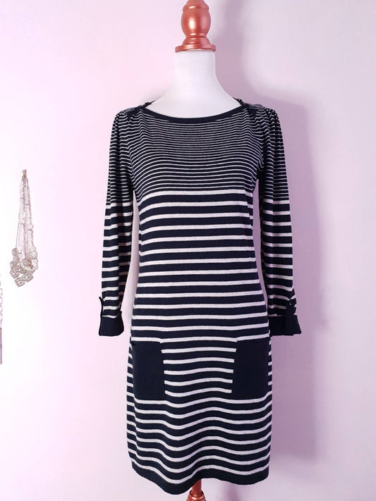 English Classics - Pre-owned Black & White Striped Laura Ashley Fine Weave Wool Dress - Size 12