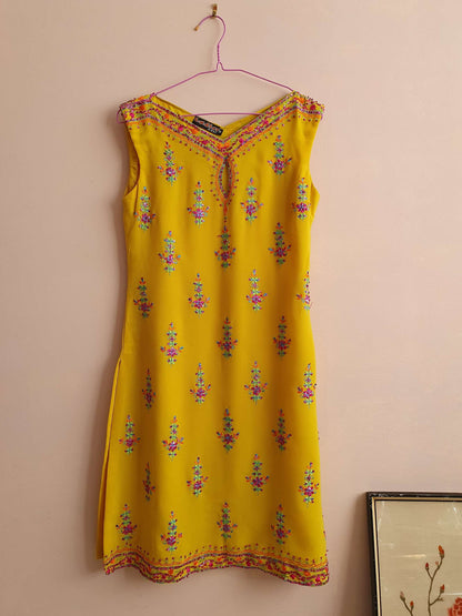 Vintage Yellow Chiffon Kaftan - Size 10  Tunic Dress Top Sequined Embroidered