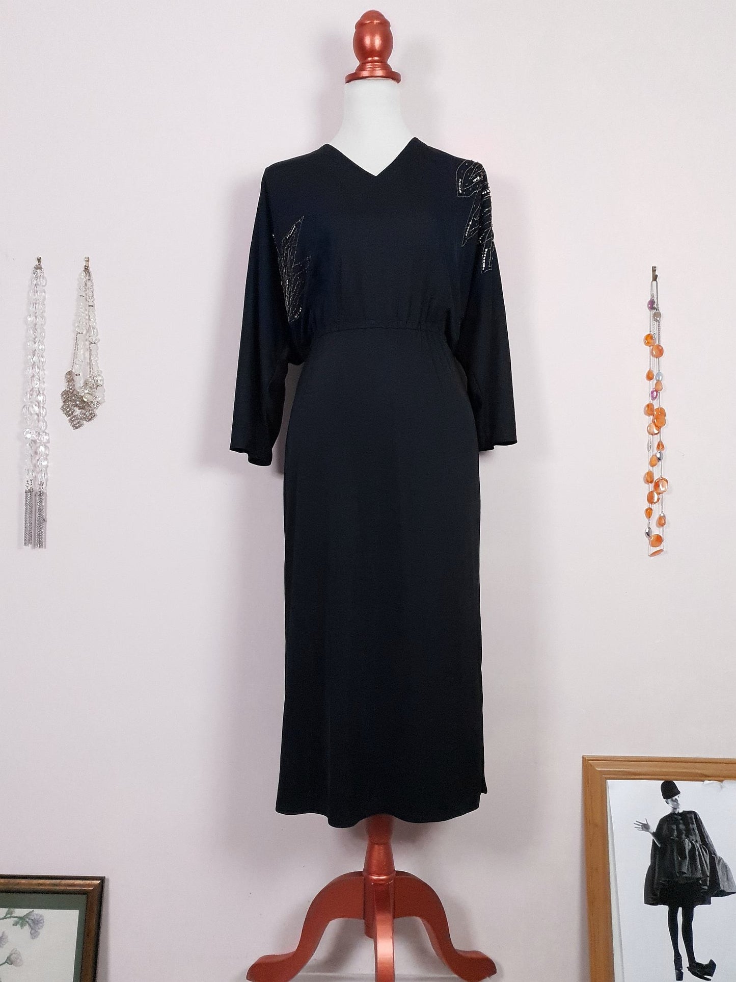 Chic Pre-Loved 1970s Bead and Sequin Black Dress - Size 8/10
