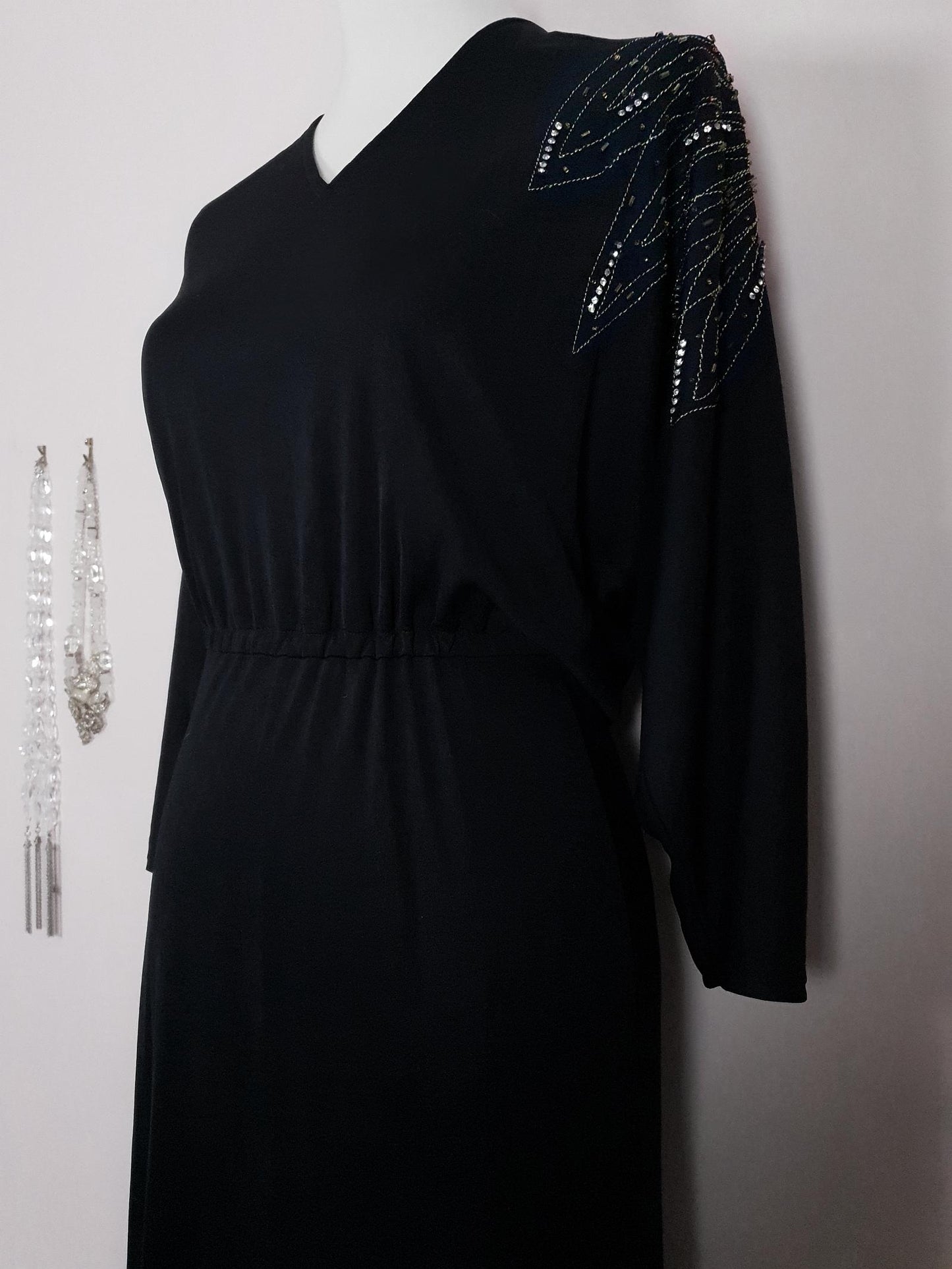 Chic Pre-Loved 1970s Bead and Sequin Black Dress - Size 8/10