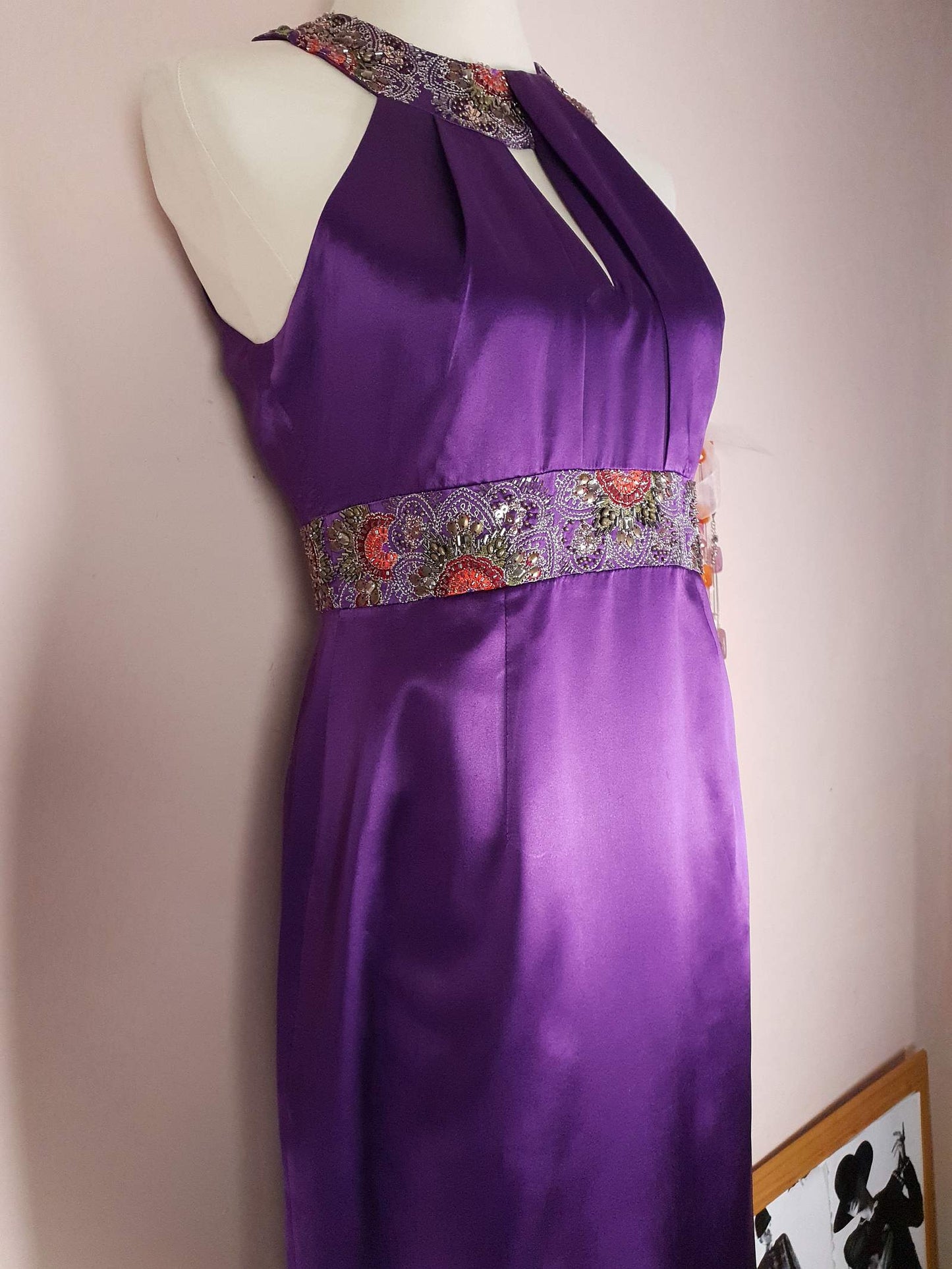 Vintage Purple Silk Halter Dress Size 10 Midi Embroidered Beaded