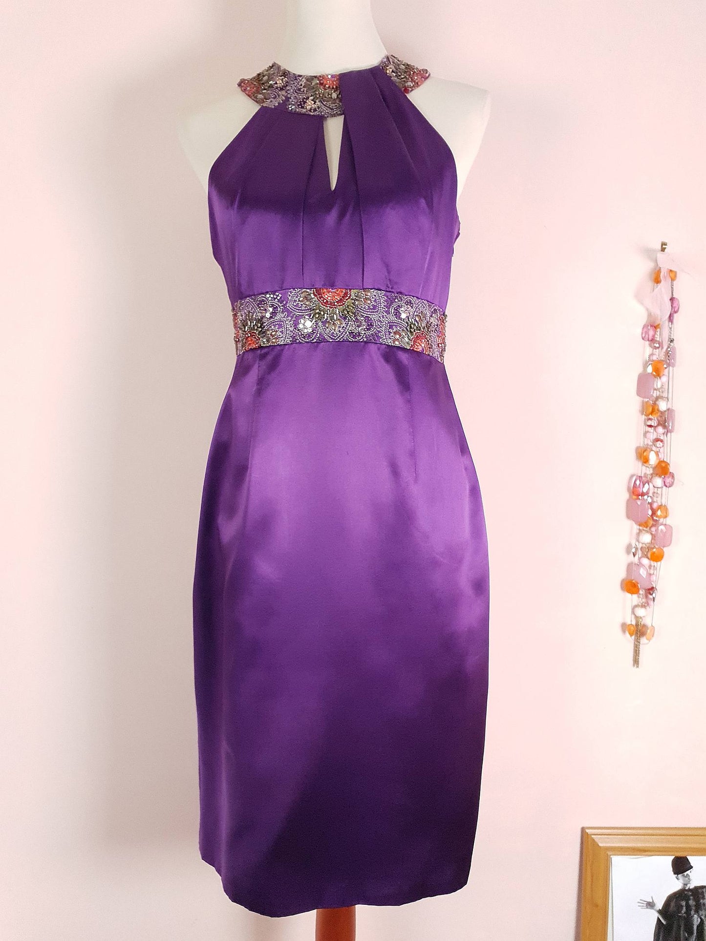 Vintage Purple Silk Halter Dress Size 10 Midi Embroidered Beaded