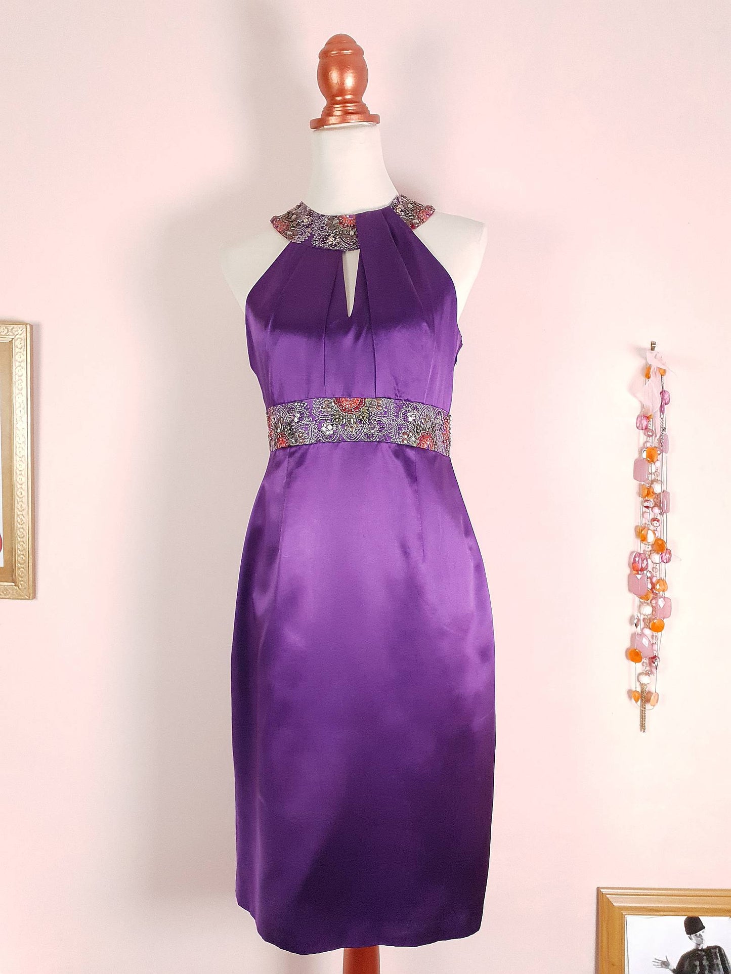 Vintage Purple Silk Halter Dress Size 10 Midi Embroidered Beaded