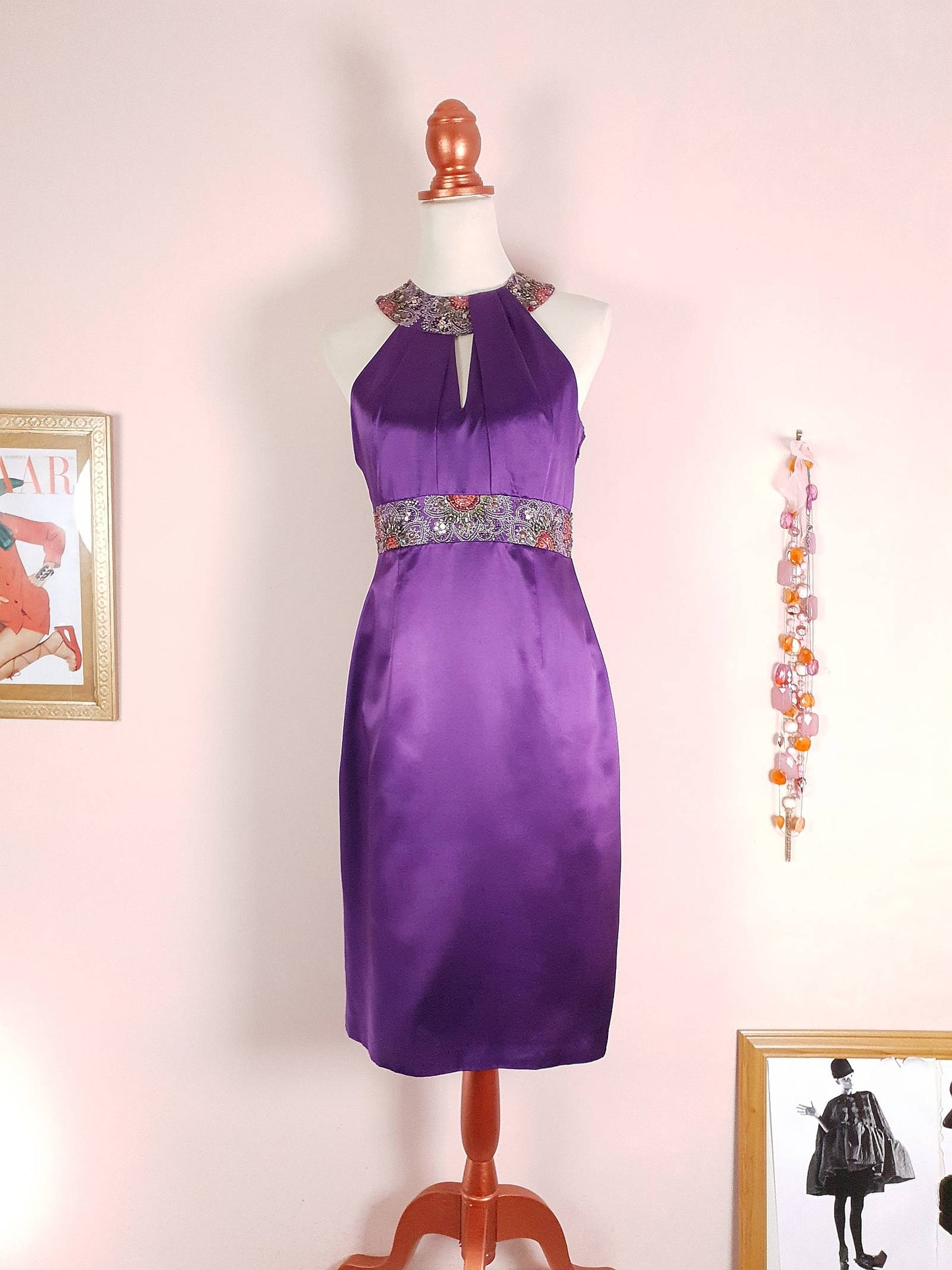 Vintage Monsoon Purple Silk Halter Dress Midi Embroidered Beaded - Size 10