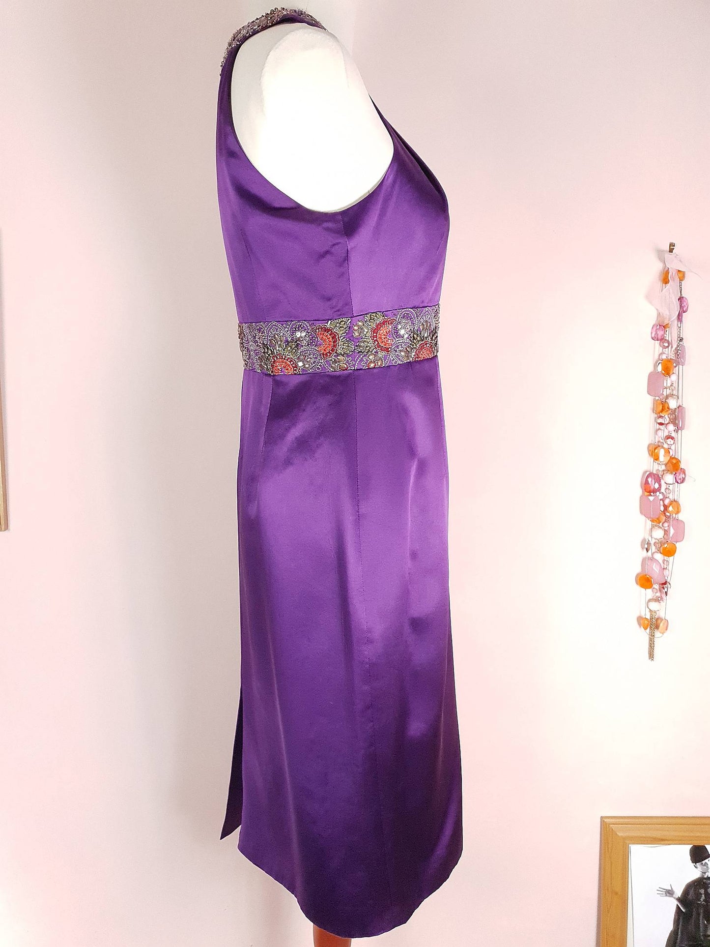 Vintage Purple Silk Halter Dress Size 10 Midi Embroidered Beaded