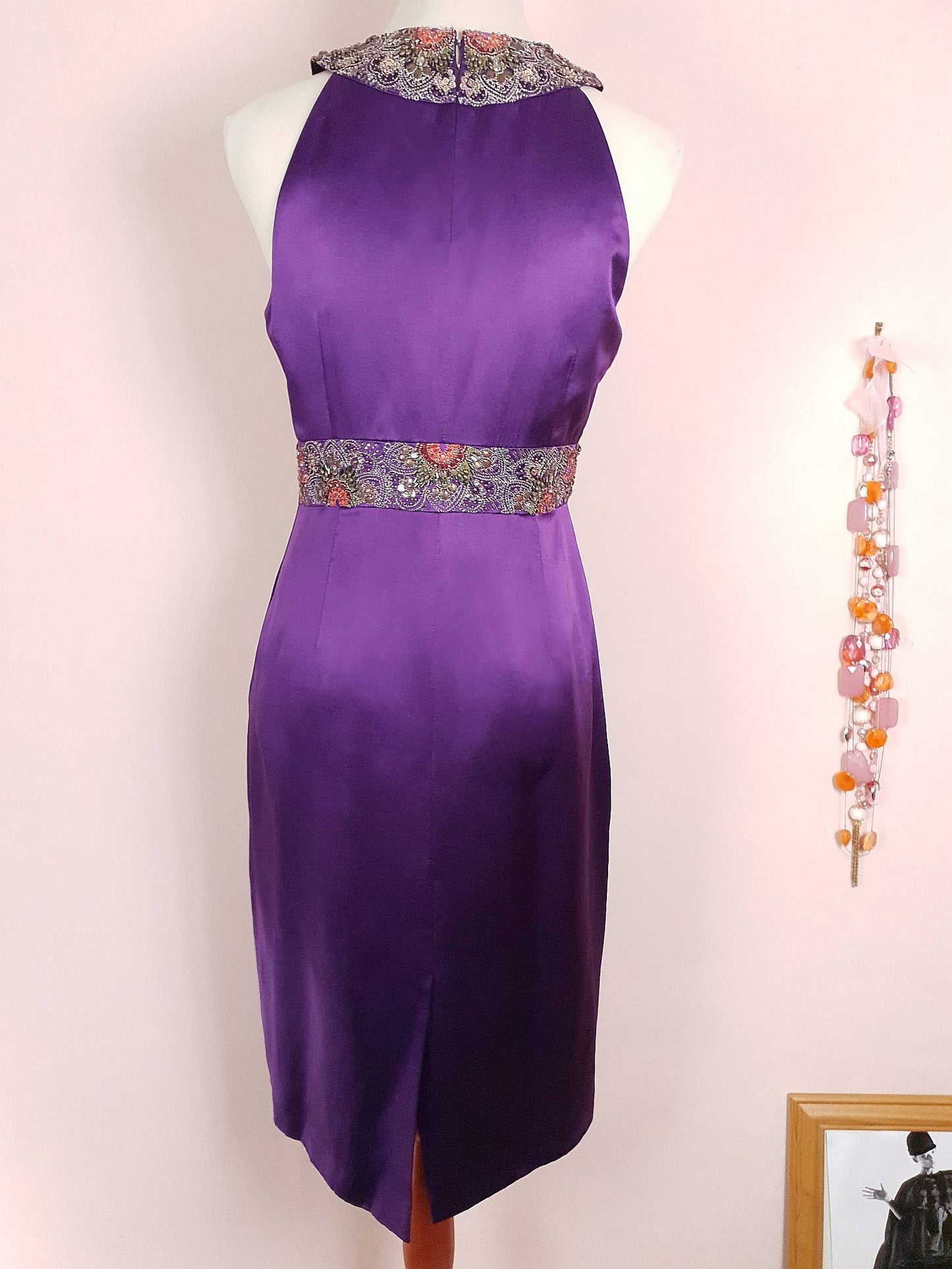 Vintage Purple Silk Halter Dress Size 10 Midi Embroidered Beaded