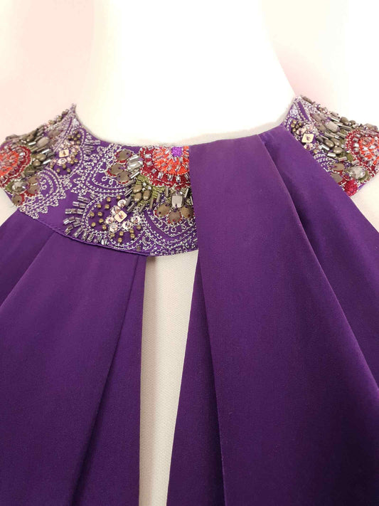 Vintage Monsoon Purple Silk Halter Dress Midi Embroidered Beaded - Size 10