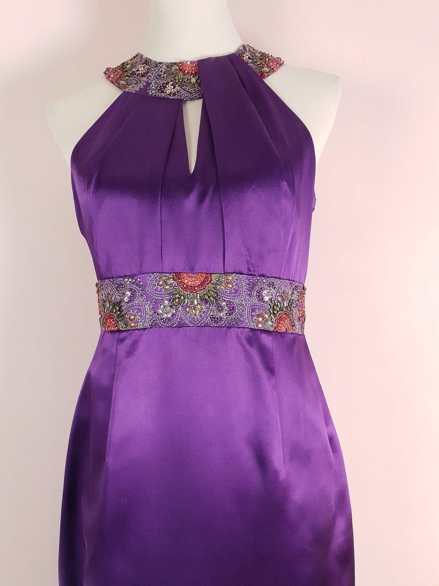 Vintage Purple Silk Halter Dress Size 10 Midi Embroidered Beaded