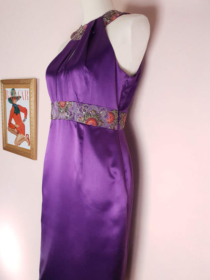 Vintage Purple Silk Halter Dress Size 10 Midi Embroidered Beaded