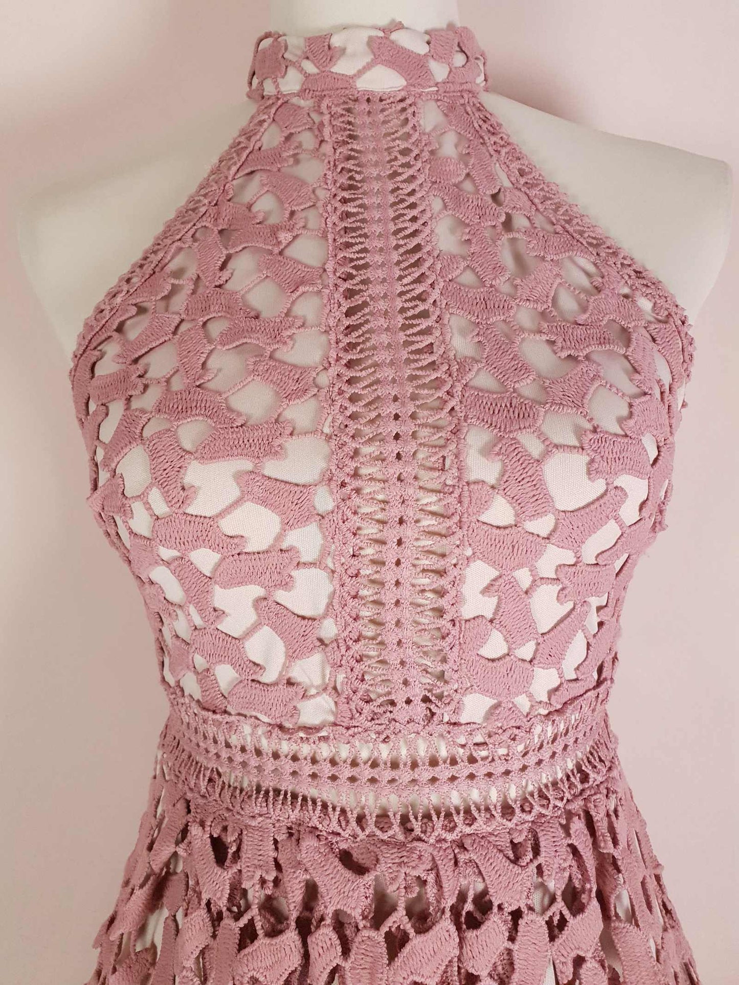 Pre Loved Pink Crochet Dress Size 8 Midi Halter Neck Fit & Flare