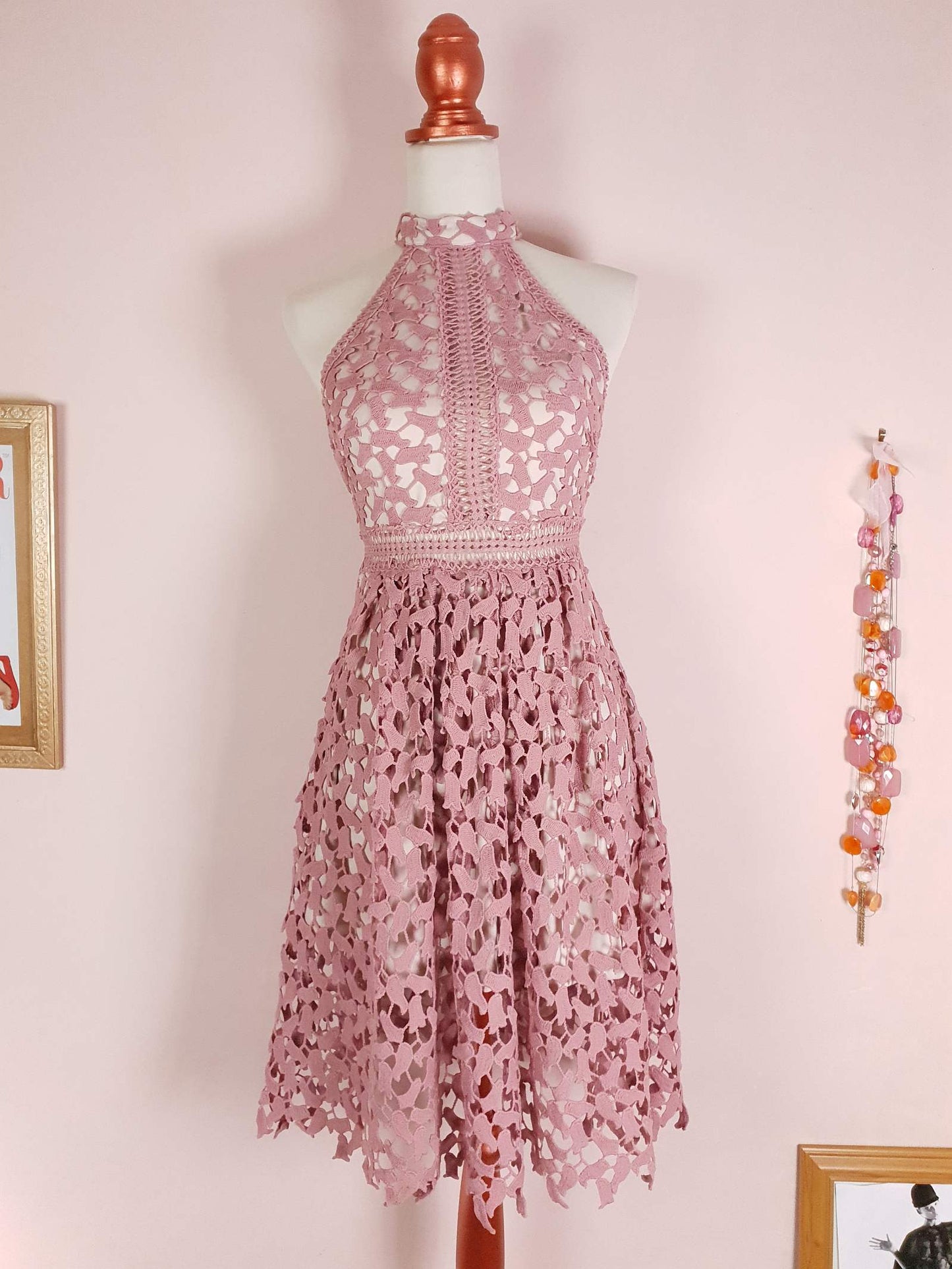 Pre Loved Pink Crochet Dress Size 8 Midi Halter Neck Fit & Flare