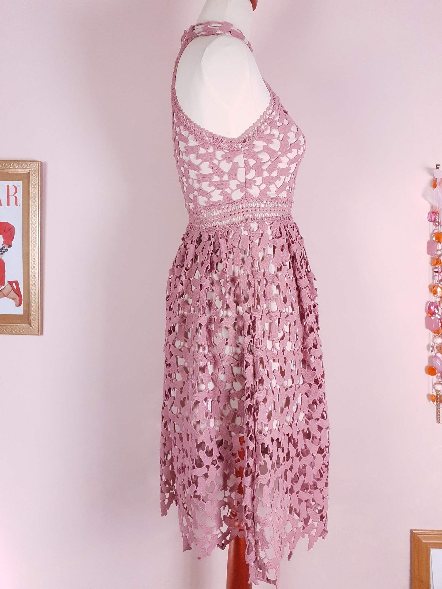 Pre Loved Pink Crochet Dress Size 8 Midi Halter Neck Fit & Flare