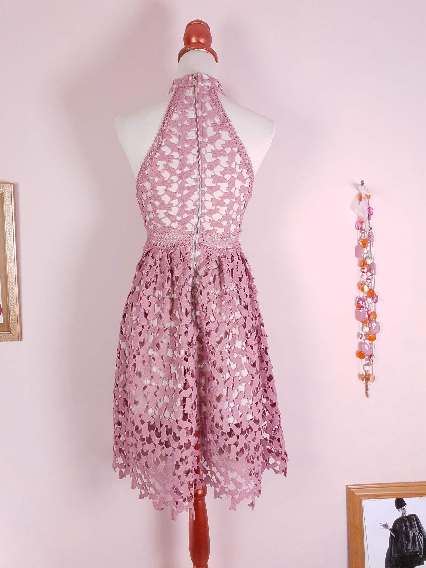 Pre Loved Pink Crochet Dress Size 8 Midi Halter Neck Fit & Flare