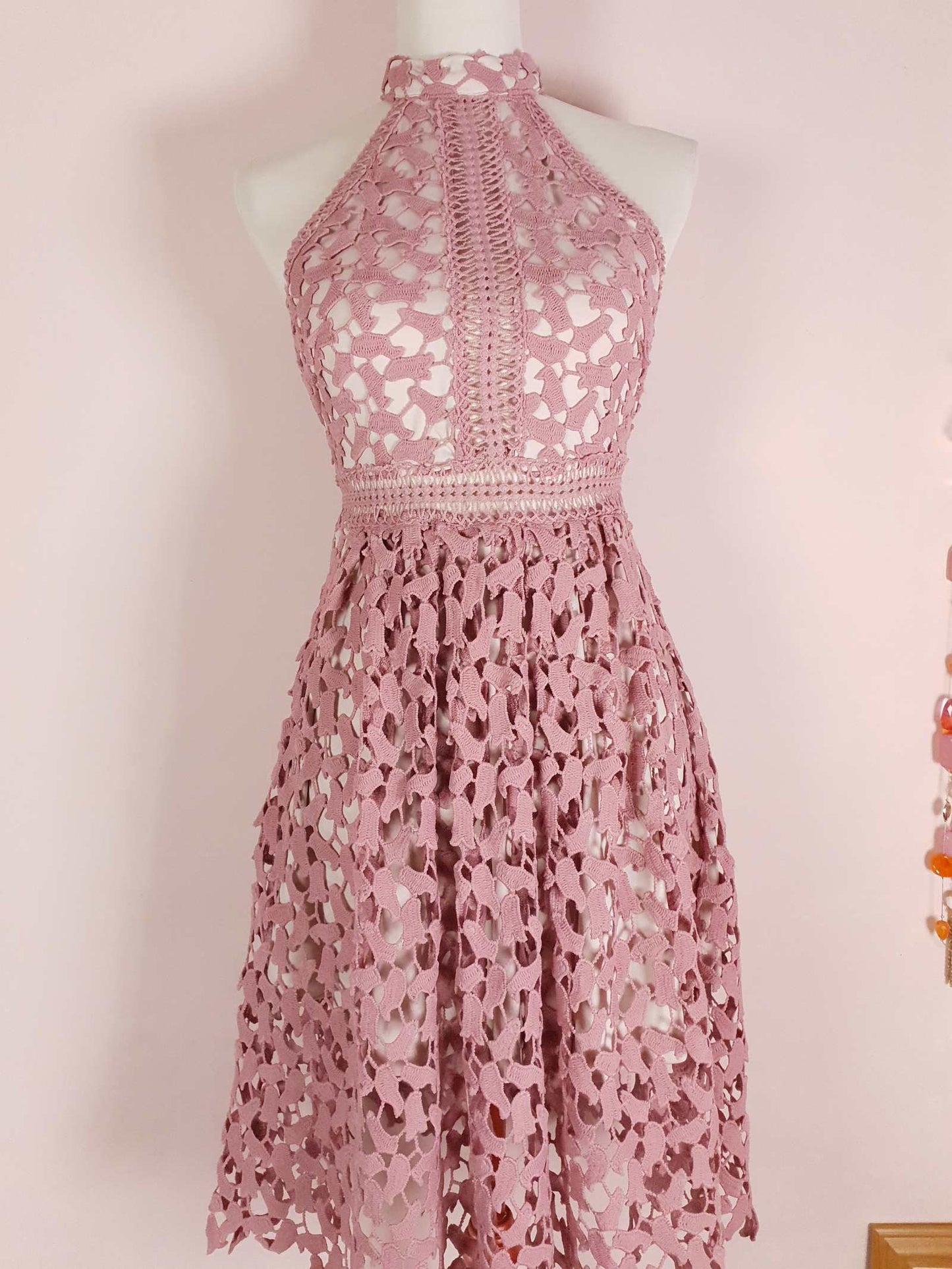 Pre Loved Pink Crochet Dress Size 8 Midi Halter Neck Fit & Flare