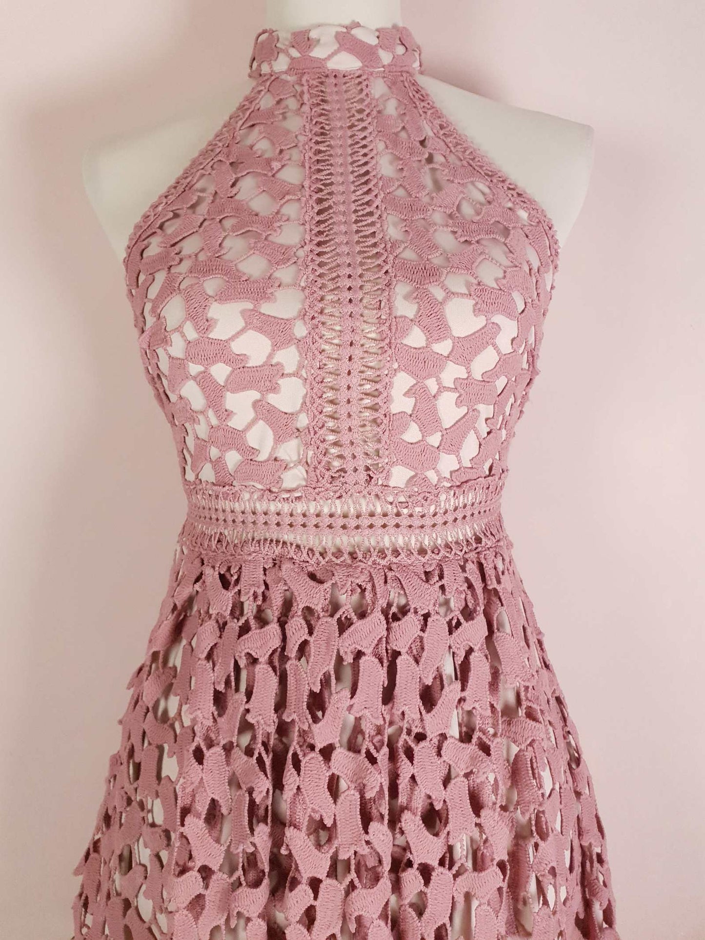 Pre Loved Pink Crochet Dress Size 8 Midi Halter Neck Fit & Flare