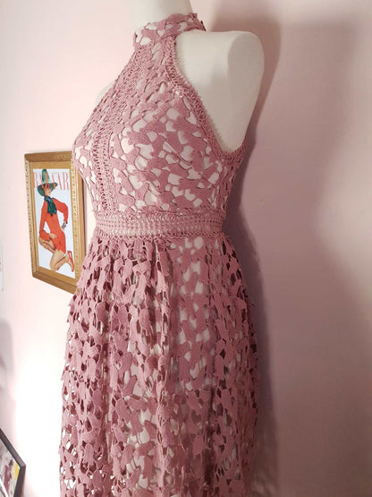 Pre Loved Pink Crochet Dress Size 8 Midi Halter Neck Fit & Flare