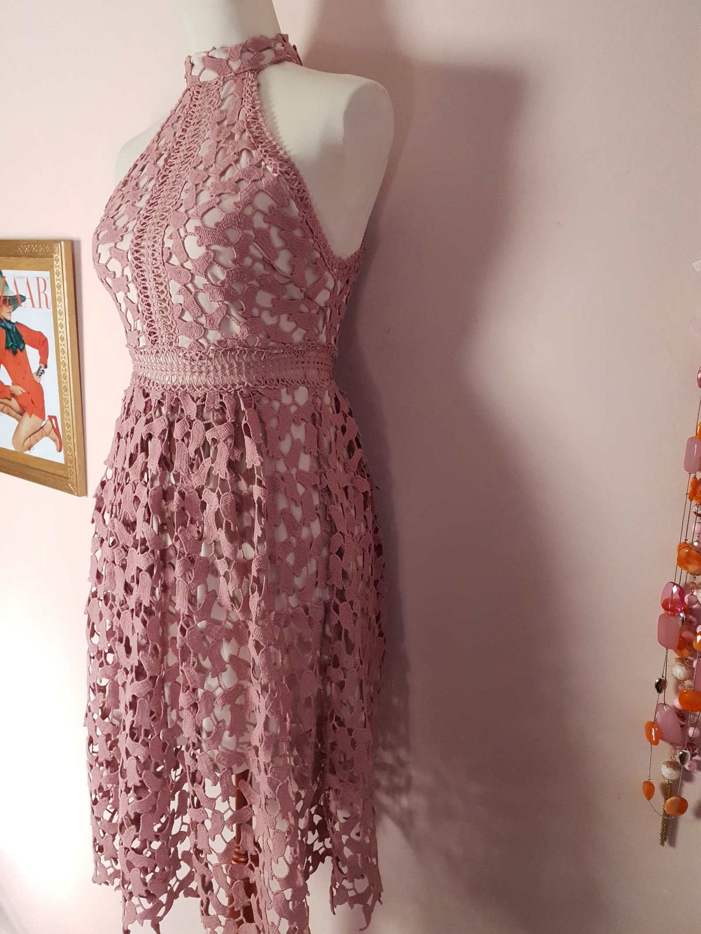 Pre Loved Pink Crochet Dress Size 8 Midi Halter Neck Fit & Flare