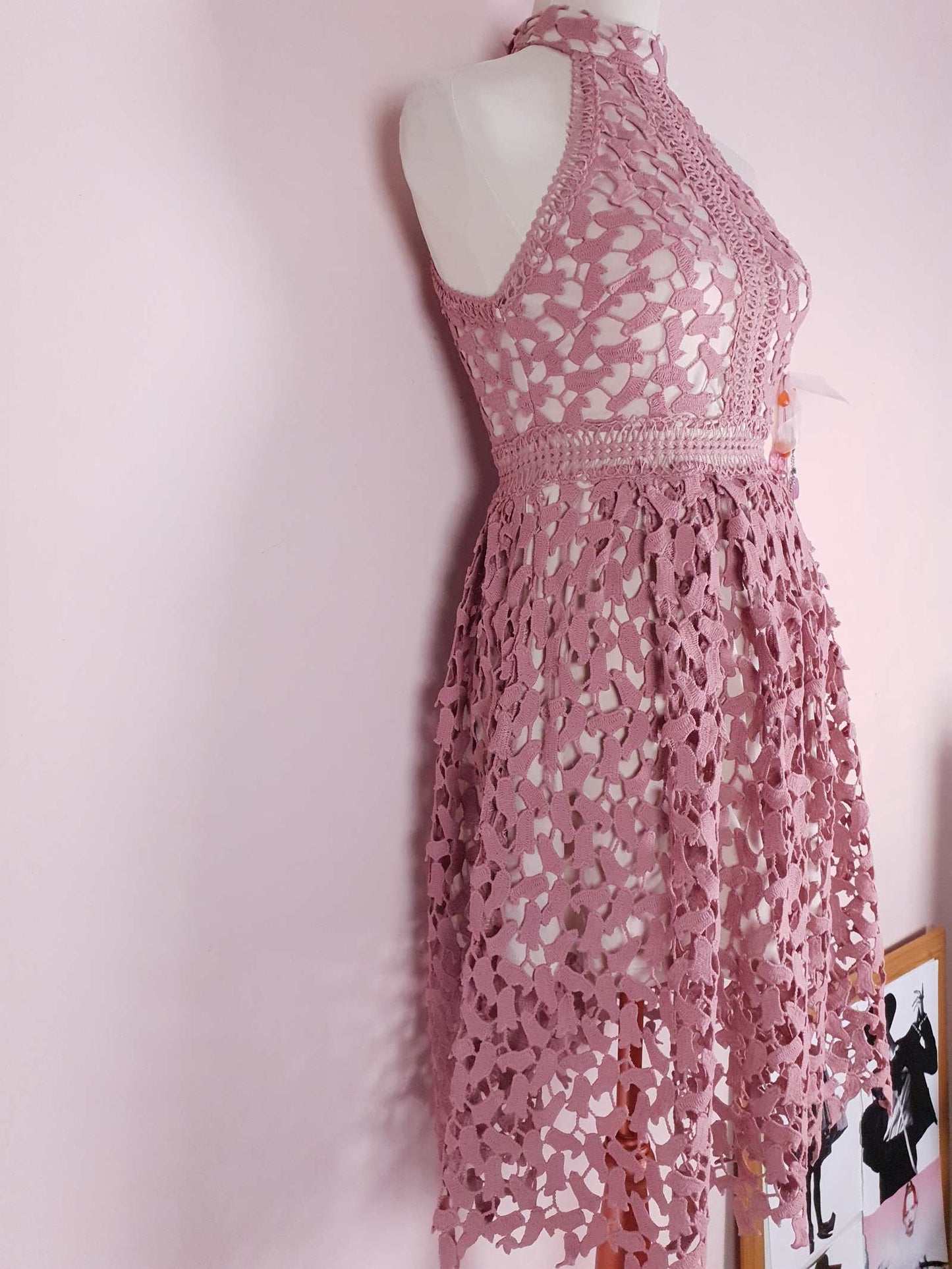 Pre Loved Pink Crochet Dress Size 8 Midi Halter Neck Fit & Flare