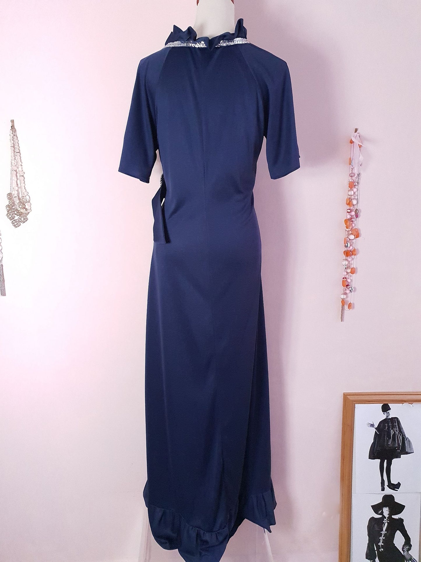 1970s Vintage Navy Blue Dress Evening Gown Rhinestone Maxi - Size 12/14
