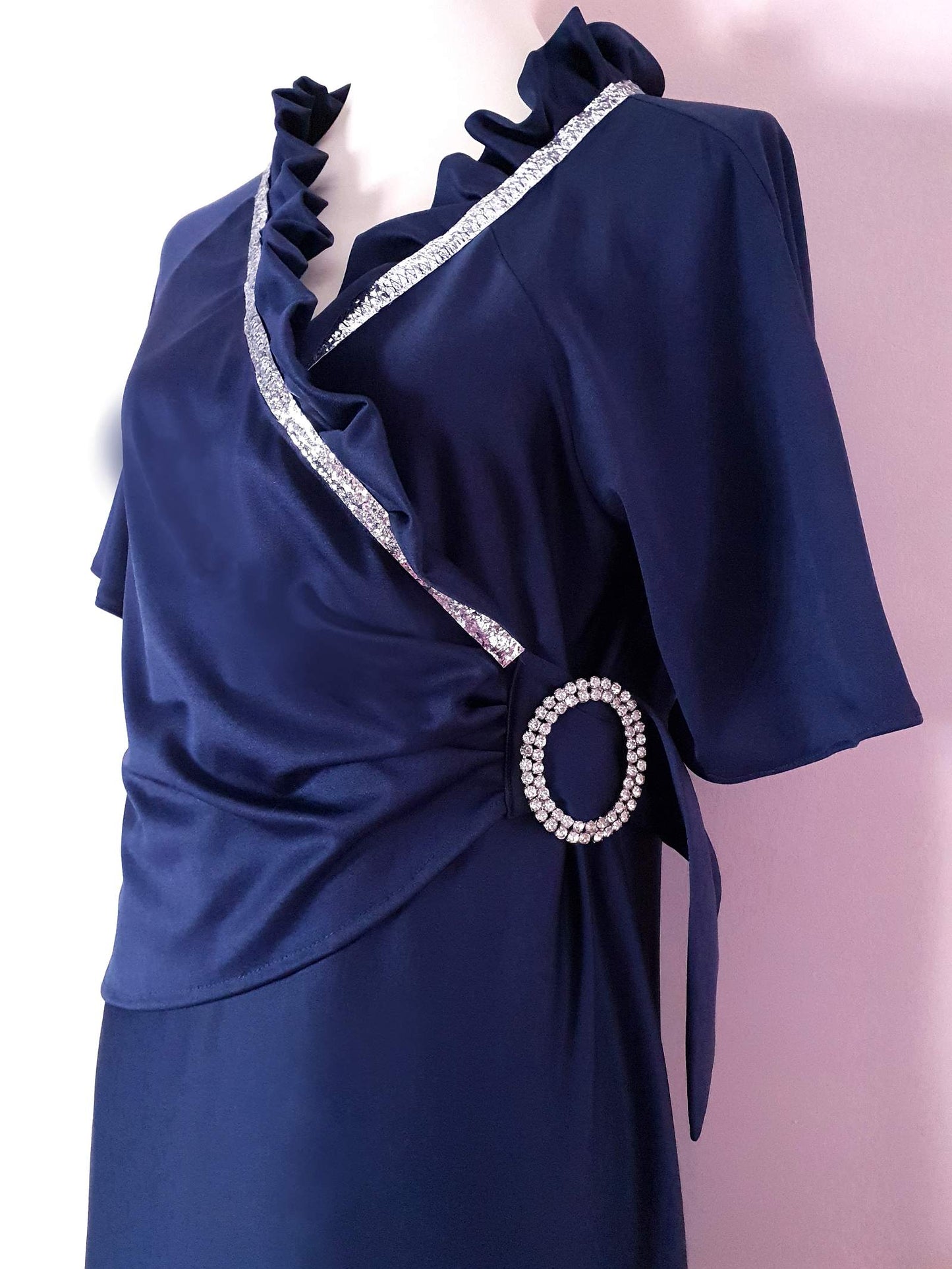 1970s Vintage Navy Blue Dress Evening Gown Rhinestone Maxi - Size 12/14