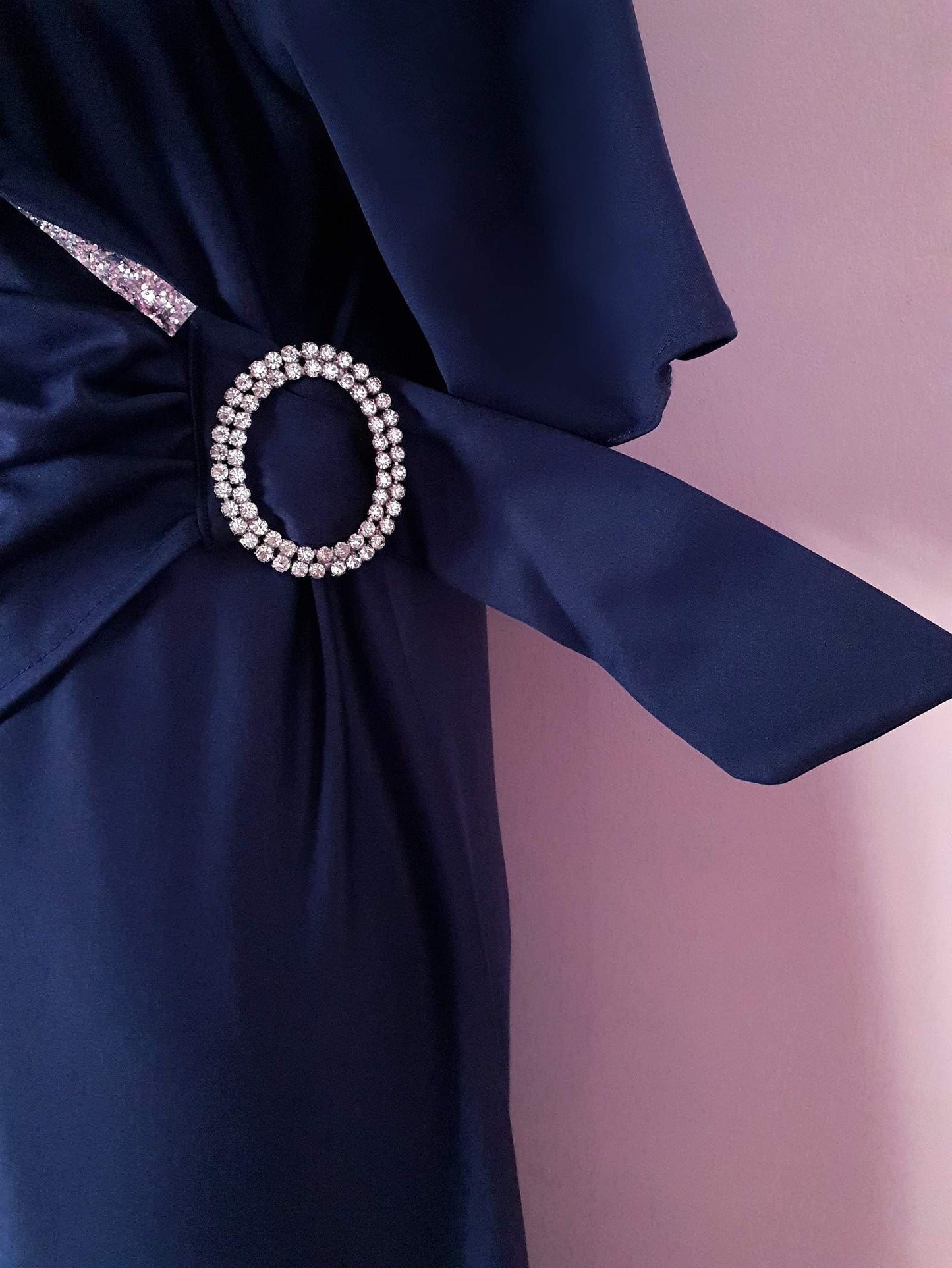 1970s Vintage Navy Blue Dress Evening Gown Rhinestone Maxi - Size 12/14