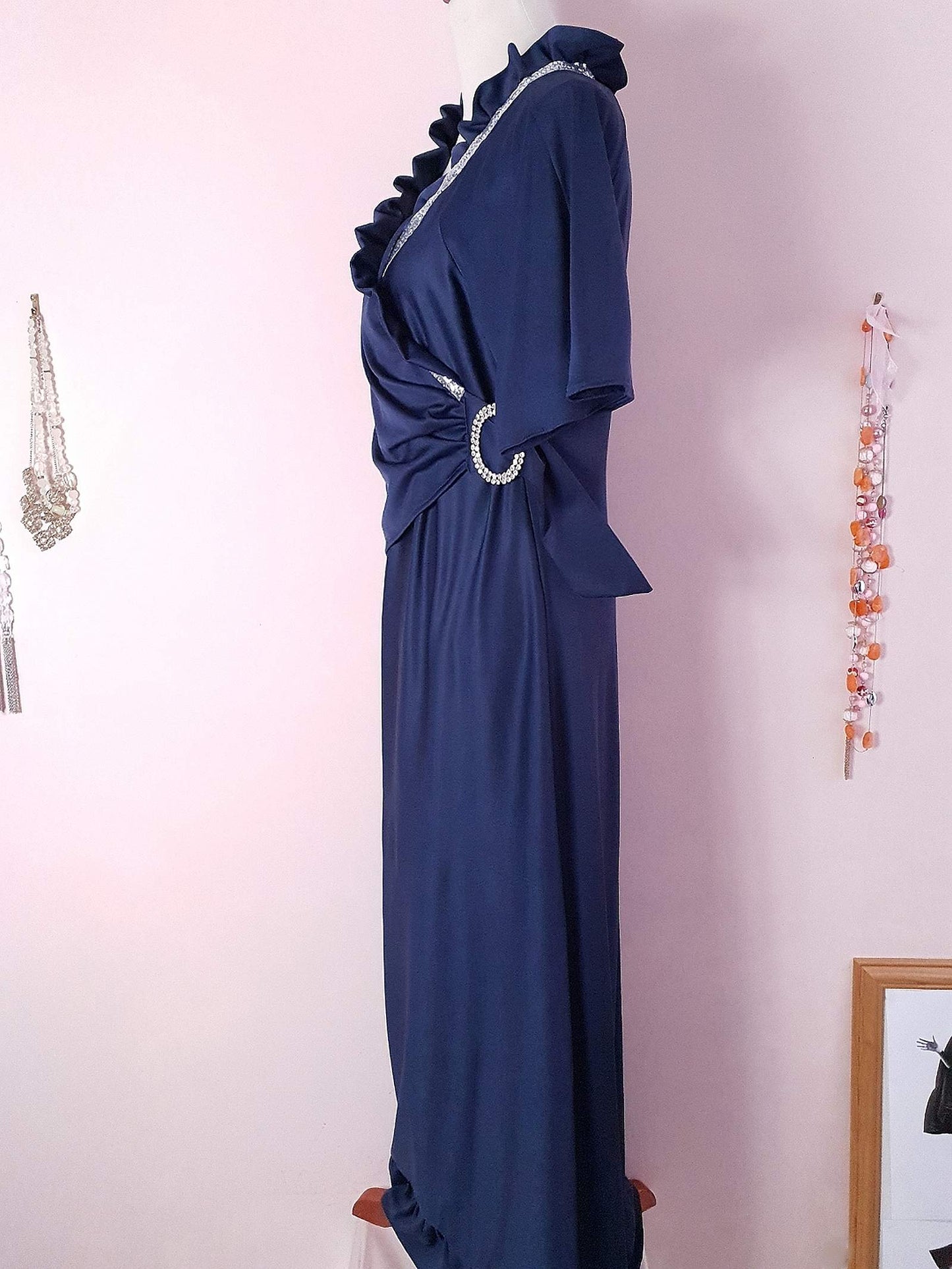 1970s Vintage Navy Blue Dress Evening Gown Rhinestone Maxi - Size 12/14