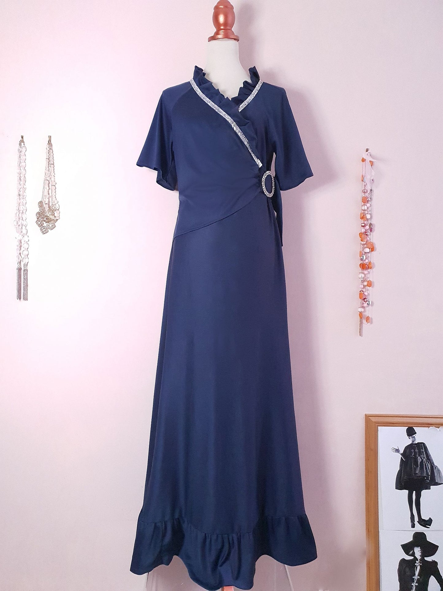 1970s Vintage Navy Blue Dress Evening Gown Rhinestone Maxi - Size 12/14