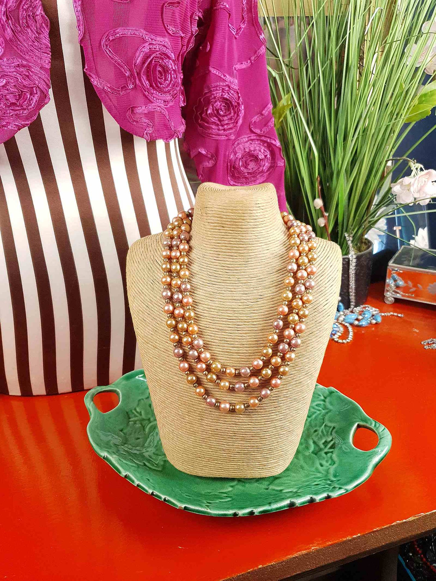 Vintage 1930s Peach Lilac Glass Pearl Necklace Long Pearls